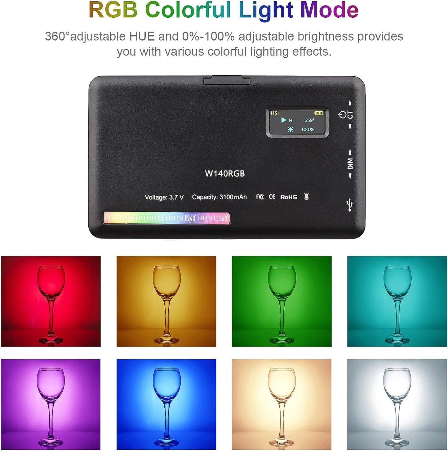 LED Video Light, W140 RGB Rechargeable Photography Fill Light